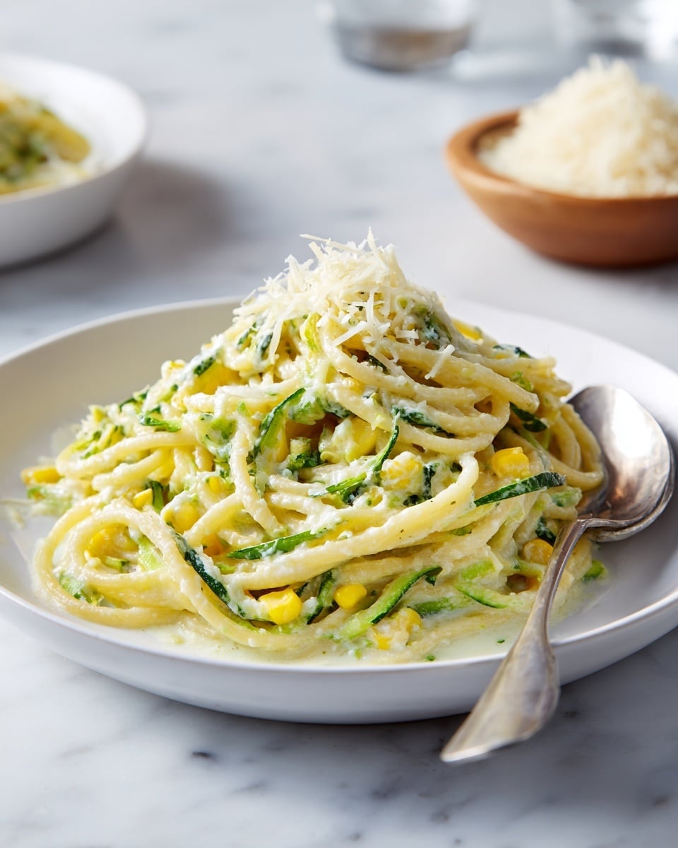 A close-up view of one layer of spaghetti pasta mixed with a creamy sauce, which has small pieces of shredded green zucchini and yellow corn kernels spread evenly throughout. The spaghetti is pale yellow, twisted and tangled, covering most of the white plate, with a small pile of light yellow shredded cheese on top in the center. A silver fork is slightly resting on the right side of the plate. The background is a white marbled texture. photo taken with an iphone --ar 4:5 --v 7