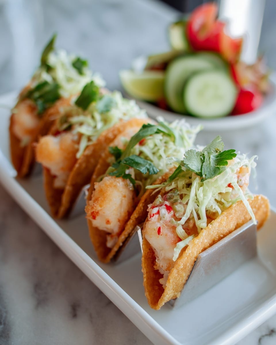 The image shows three tacos arranged in a row on a white dish set on a white marbled surface. Each taco has a soft, light golden shell with a slightly crisp texture. Inside, the bottom layer consists of grilled, light pink shrimp mixed with small red pieces, possibly tomato or pepper. Above that is a layer of shredded light green lettuce, topped with fresh green cilantro leaves scattered across. In the background, there are slices of cucumber, lime, and a few red cherry tomatoes blurred out. The overall look is fresh and colorful, with contrasting textures from the soft taco shells and crunchy vegetables. Photo taken with an iphone --ar 4:5 --v 7