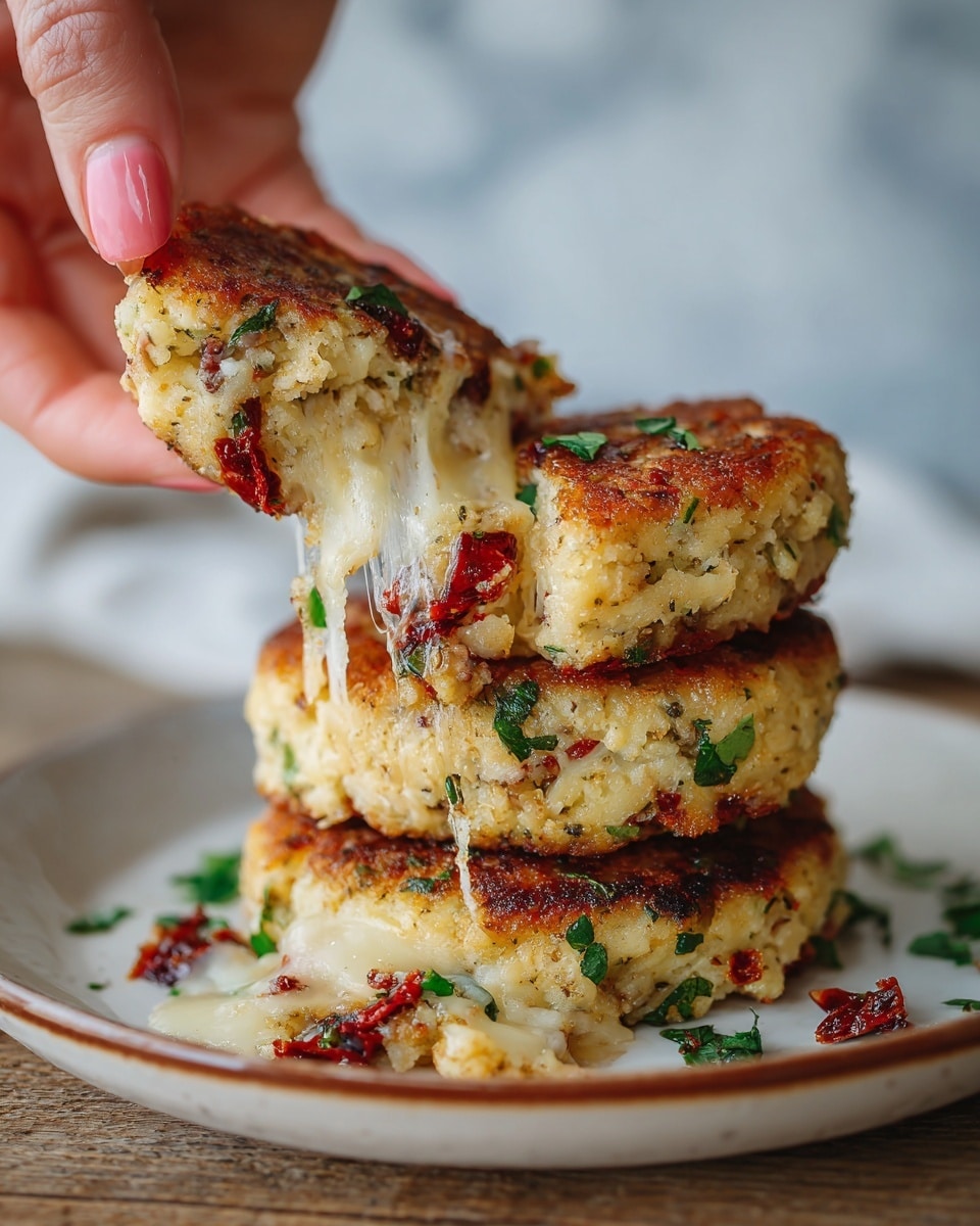 The image shows a stack of two thick, round, golden-brown patties on a white plate with a rustic brown rim, placed on a white marbled surface. On top of the stack, a woman's hand is lifting a third patty to reveal a melted cheese layer that is stretchy and creamy, mixed with bright red sun-dried tomatoes and fresh green herbs. The top patty is golden with visible bits of herbs and tomatoes embedded in the dough. Some bits of herbs and tomatoes are scattered around the plate, adding color contrast. The background is softly blurred, focusing on the layered patties and the rich texture of melted cheese and toppings. photo taken with an iphone --ar 4:5 --v 7