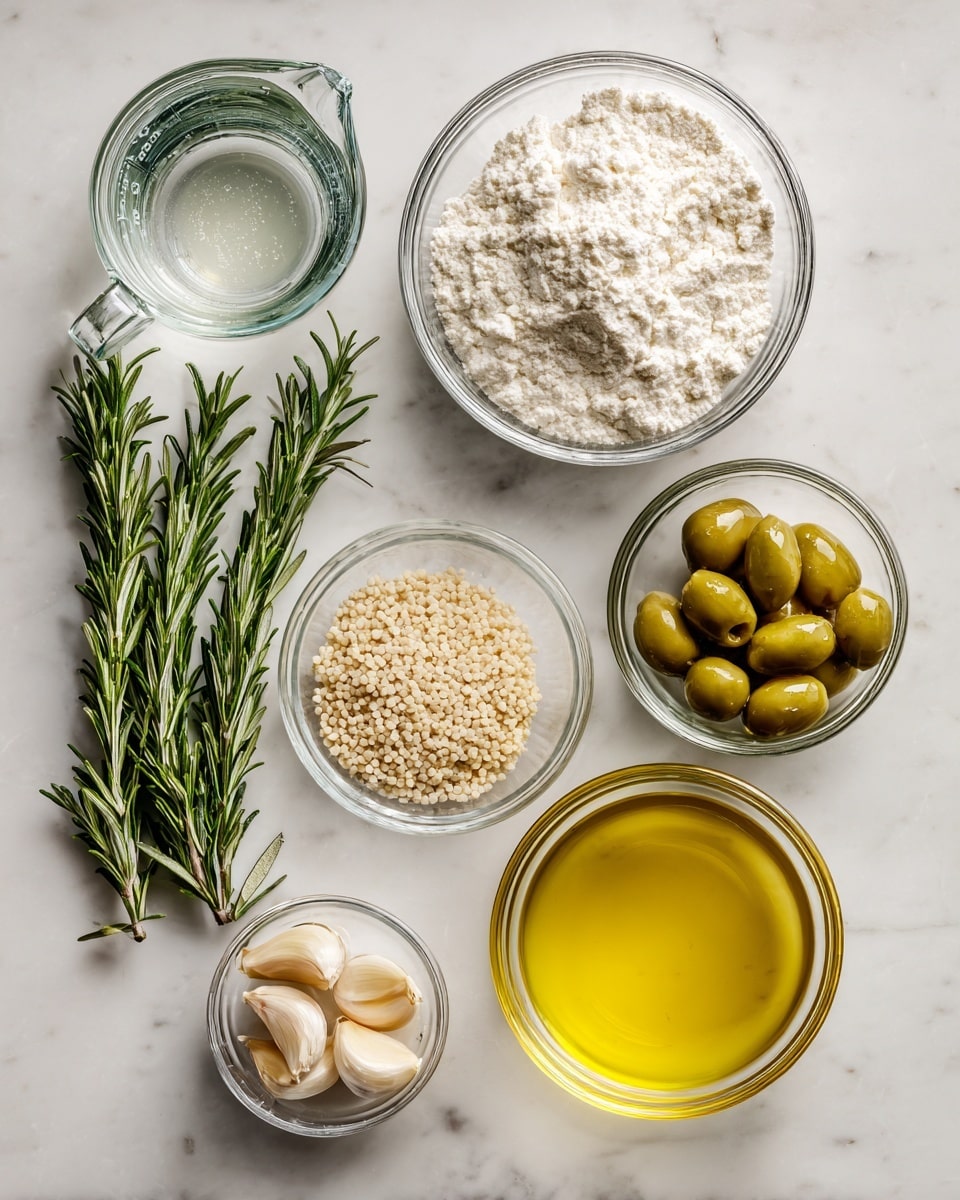 The image shows seven cooking ingredients arranged on a white marbled surface. At the top right is a clear glass bowl full of white flour with a soft, powdery texture. To the left of the flour is a clear glass measuring cup filled halfway with clear water. Below the water are five fresh rosemary sprigs, dark green with needle-like leaves. In the middle is a small clear glass bowl filled with small beige yeast granules. To the right of the yeast are light brown whole garlic cloves with their skin intact, placed loosely on the surface. Below the garlic is a small clear glass bowl containing pale green sliced olives, showing some cross-sections. At the bottom right corner is a clear glass bowl filled with bright golden-yellow olive oil that looks smooth and glossy. All the ingredients are neatly placed with good spacing between them, and the photo taken with an iphone --ar 4:5 --v 7