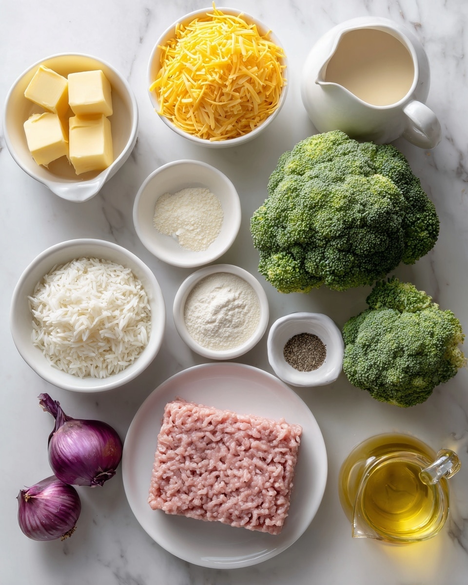 The image shows ingredients neatly placed on a white marbled surface. There is a white bowl full of shredded yellow cheese near the top right, next to three bright green broccoli heads with textured surfaces. Below the broccoli, a white bowl contains a rectangle of light pink ground meat with fine ridges on a smooth white plate. To the left, a white bowl is filled with soft white cooked rice. Above the rice is a small white dish with two square yellow butter pieces, and next to it is a smaller white bowl holding white salt. Above the salt, a small white bowl contains coarse black pepper. Nearby, a white bowl has flour with a powdery texture. A glass jug contains a light golden broth, and another white jug is filled with light cream. There is a tall glass bottle with golden olive oil next to them. At the bottom left, two small purple garlic cloves and half of a white onion with visible layers are placed. Everything is clearly arranged in a clean, bright setting. photo taken with an iphone --ar 4:5 --v 7