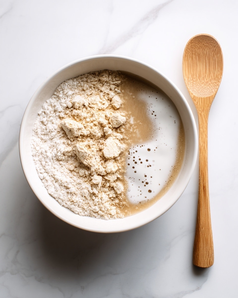 In the image, a white bowl sits on a white marbled surface, filled with a mix of wet and dry ingredients for baking. There are several soft beige and light brown clumps of flour or a similar powder, mostly on the left side of the bowl. On the right side, there is a clear liquid pooled slightly, while a foamy layer of white bubbles is on top near the center. Next to the bowl lies a smooth, light wood spoon placed horizontally with the handle facing slightly to the right. photo taken with an iphone --ar 4:5 --v 7