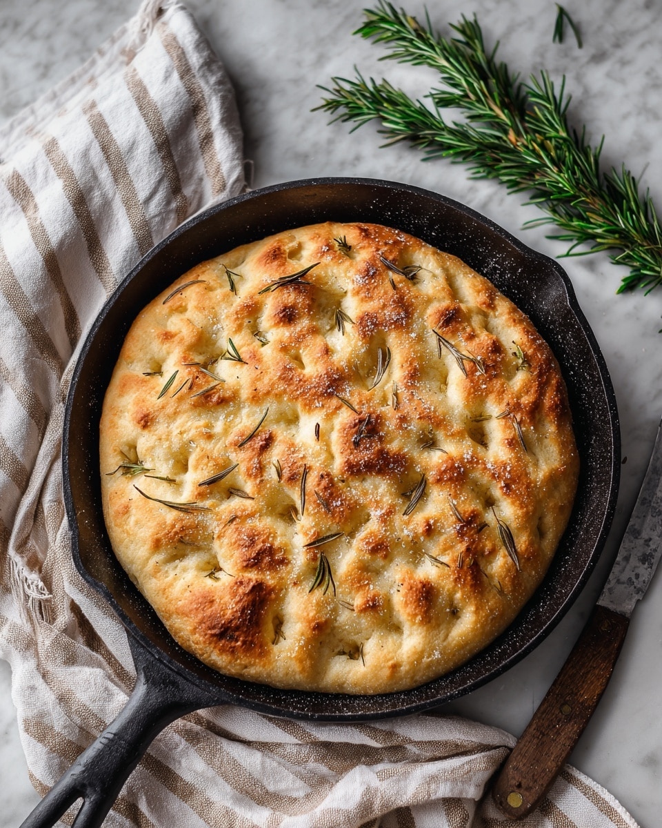 A round, golden-baked focaccia bread with a slightly rough and uneven surface sits in a black cast iron pan. The bread’s top layer is sprinkled with coarse salt and small green rosemary leaves scattered across its crust, which has a light brown color with some white flour dusted spots. The bread shows soft, puffy textures with gentle creases and air pockets beneath the crust. A sprig of rosemary lies beside the pan on a white marbled surface, along with a striped cloth napkin partially visible under the pan’s handle. Photo taken with an iphone --ar 4:5 --v 7