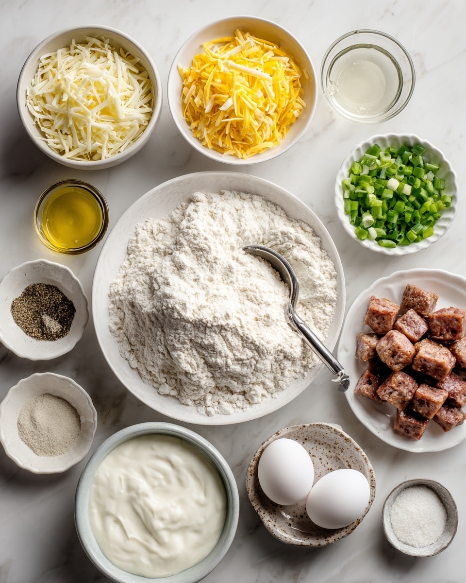 The image shows multiple white bowls and plates arranged on a white marbled surface. In the center is a large white plate filled with flour and a metal scoop partially buried in it. Surrounding it are smaller white bowls containing shredded yellow cheese, chopped green onions, a small glass bowl of oil, white powder, a mixture of black pepper, garlic powder, and salt on a white scalloped dish, thick white cream in a bowl, two raw eggs in a patterned white bowl, cubed sausage pieces in another bowl, and a tiny bowl with a white powder. The arrangement is neat and the ingredients are clearly separated photo taken with an iphone --ar 4:5 --v 7