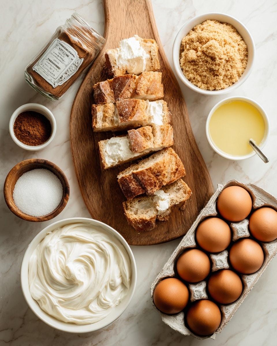 A wooden cutting board holds sliced and chunked pieces of crusty brown bread positioned on the left side of the image, all placed on a white marbled surface. Around the board are small white bowls and containers holding various ingredients: a bowl of thick white cream with a smooth, swirled texture at the bottom left, a glass jar of cinnamon powder tilted slightly with the label visible near the bottom left, a small white bowl of fine white sugar above the cream, a brown bowl filled with crumbly golden-brown sugar placed near the top right, a clear glass with a bright yellow liquid, and a small white pitcher containing cream or milk near the top right. On the right side of the image is a white egg carton holding six brown eggs, and near it is a small container with a dark thick paste. The photo taken with an iphone --ar 4:5 --v 7