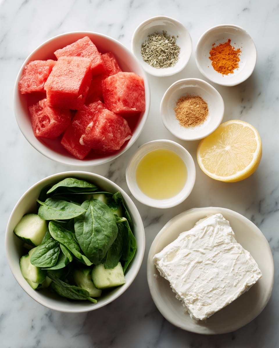 The image shows six small white bowls placed on a white marbled surface. The top left bowl is filled with bright red watermelon cubes that look fresh and juicy, showing a rough texture from the fruit. Next to it on the right are three tiny white bowls holding a light yellow lemon wedge, orange spice powder, and fine white salt, respectively. Below, there is a white bowl with large chunks of green cucumber with visible texture and shine, showing freshness. To the left, another white bowl contains fresh green spinach leaves with a slightly wrinkled texture. At the center bottom, a larger white bowl holds a smooth, creamy white block of soft cheese, showing a clean and soft texture. Photo taken with an iphone --ar 4:5 --v 7