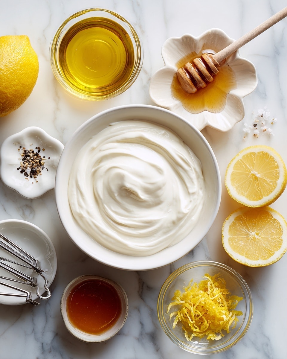 A white bowl filled with smooth, creamy white yogurt sits on a white marbled surface. Around it, there are small dishes and items: a clear glass bowl with golden olive oil on the top left, a white bowl of amber honey with a wooden honey dipper inside next to it, a small flower-shaped white dish with black pepper and white salt, a light brown bowl with bright yellow lemon zest, a clear bowl with lemon juice, and two yellow lemon halves resting on the surface beside a metal lemon squeezer. A whole lemon is placed on the left side of the frame. All items are arranged neatly and clearly visible photo taken with an iphone --ar 4:5 --v 7