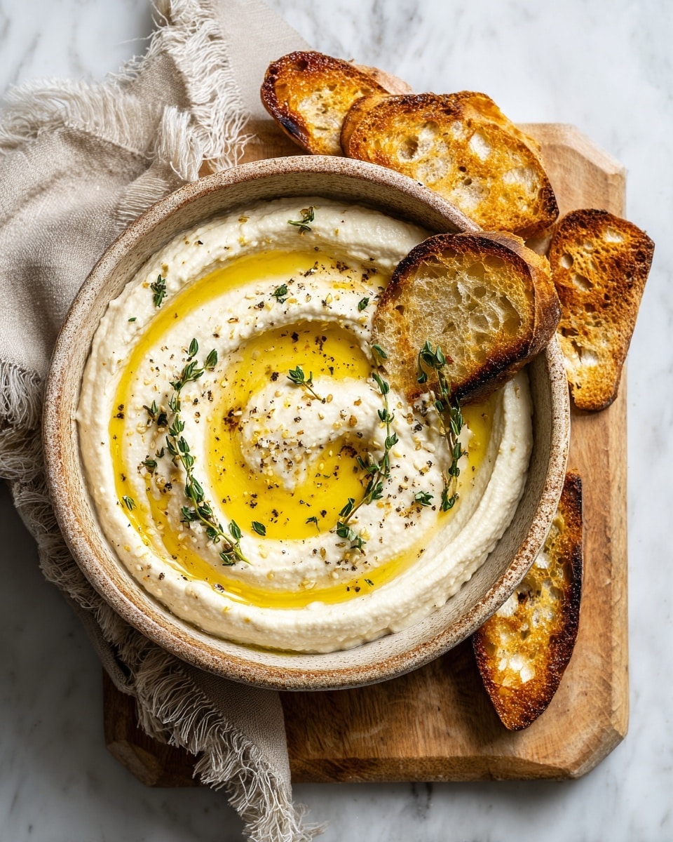 A white bowl filled with creamy, smooth dip swirled on the top showing soft peaks and valleys, with light golden olive oil pooling in the crevices. The dip is sprinkled lightly with small green herb leaves and cracked black pepper. Several toasted slices of crunchy bread with a light golden brown crust are placed around the bowl and two slices are partially dipped into the creamy dip, showing their airy texture and crispiness. The bowl sits on a wooden board, resting on a white marbled surface with a beige fringed cloth nearby. photo taken with an iphone --ar 4:5 --v 7