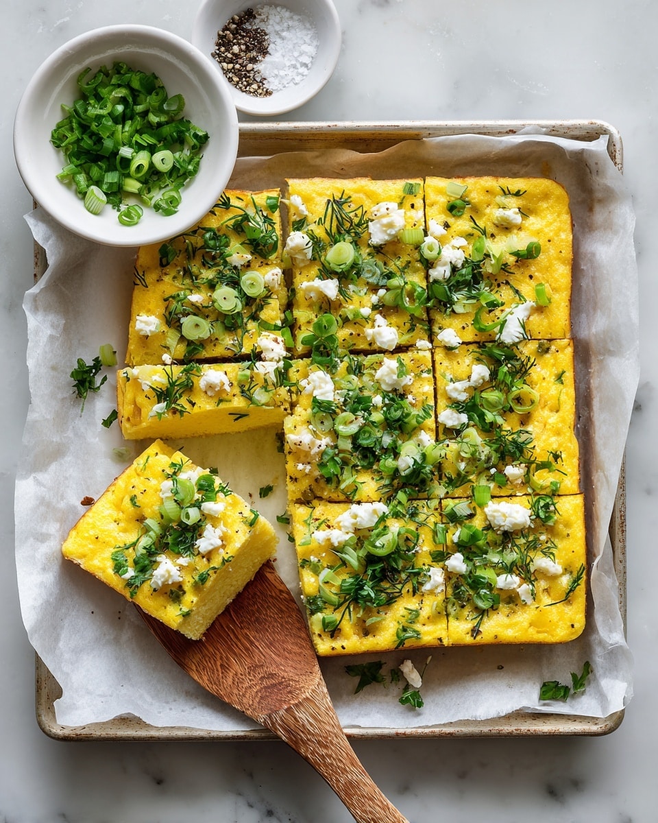 A large, rectangular, yellow flat dish with a slightly textured surface is cut into square pieces and placed on white parchment paper inside a baking tray. The top layer is sprinkled with white crumbled cheese, bright green sliced spring onions, and finely chopped fresh dark green herbs scattered unevenly over the whole dish. One piece is lifted slightly on a wooden spatula, showing its thinness and the even texture of the base. Next to the tray, there are white bowls containing more chopped spring onions, fresh herbs, and a mixture of salt and pepper, all resting on a white marbled surface. The overall look is fresh, vibrant, and colorful with clean, bright lighting, photo taken with an iphone --ar 4:5 --v 7