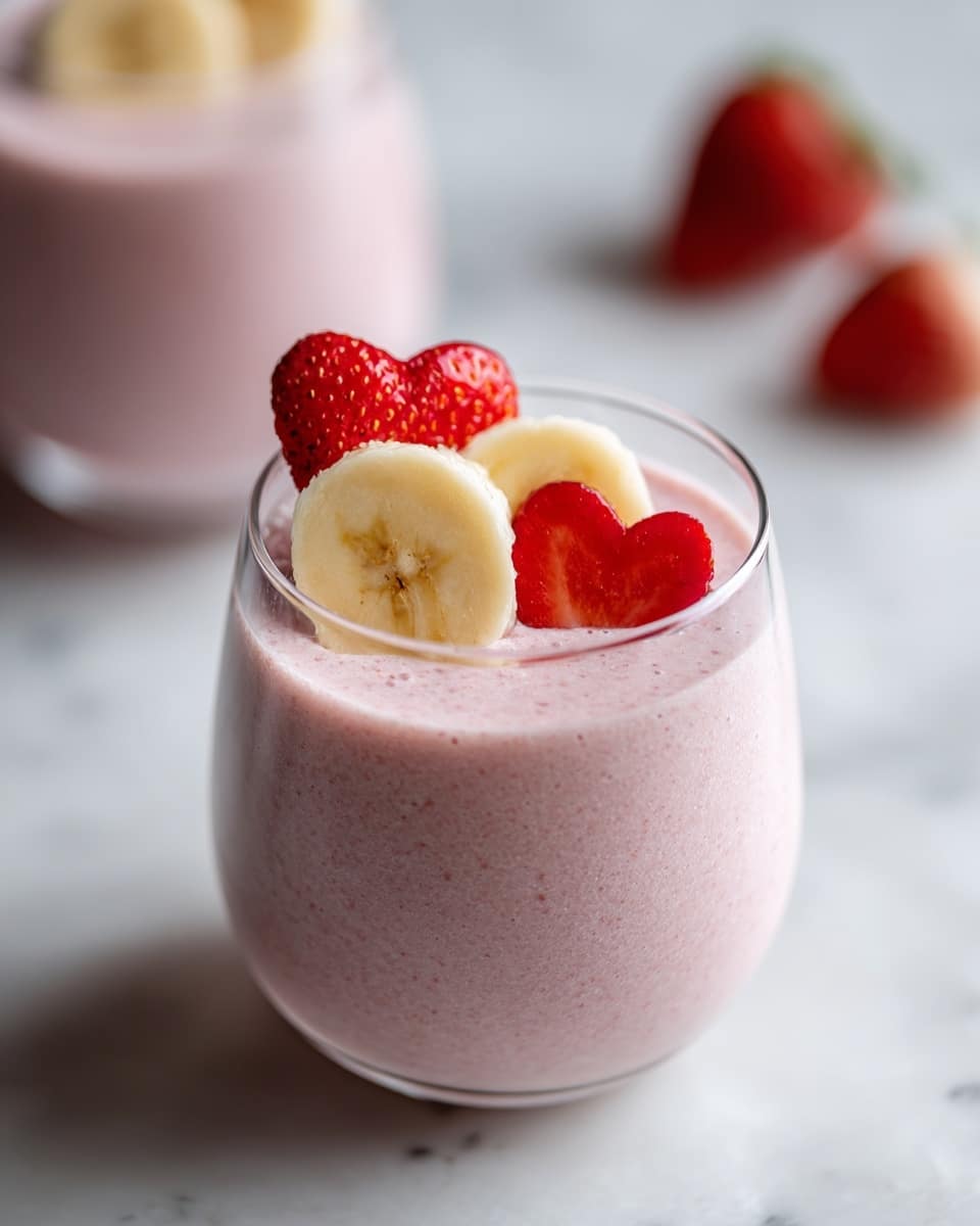 A glass filled with a light pink smoothie topped with two fruit slices: a heart-shaped strawberry piece placed near the center and two round banana slices positioned to the right side of the strawberry. The smoothie has a smooth and creamy texture. The glass is set on a white marbled surface with a few whole strawberries scattered around, bright red and fresh, adding extra color to the scene. Photo taken with an iphone --ar 4:5 --v 7