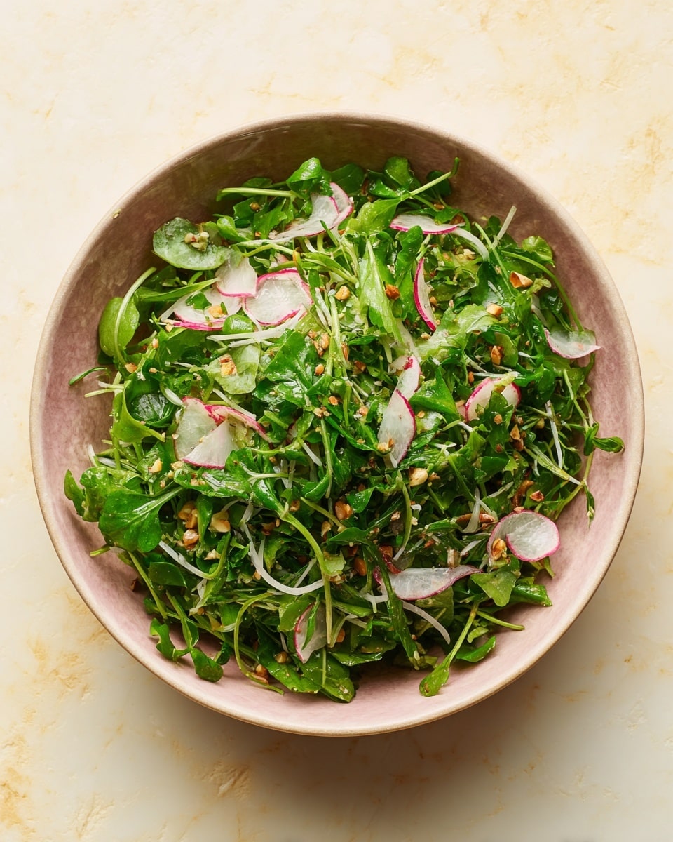 A pink bowl filled with fresh watercress leaves scattered all over, mixed with thin white and light pink slices of radish and onion spread evenly on top, along with small chopped nuts adding texture and brownish-green specks throughout. The bowl sits on a white marbled surface with a pale yellow backdrop. The salad looks fresh and mixed well, showing different shades of green and white with a bit of brown and pink accents. photo taken with an iphone --ar 4:5 --v 7