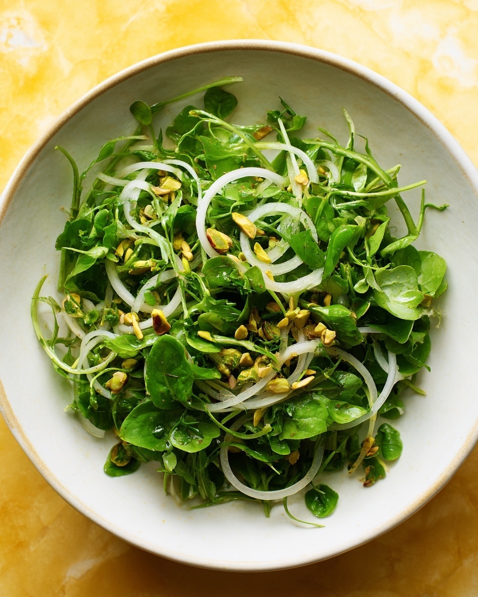 A pink bowl filled with fresh green watercress leaves and stems, mixed with thin, white, curly slices of onion scattered evenly on top. Small pieces of light brown pistachio nuts are sprinkled throughout the salad. The bowl sits on a white marbled surface with a soft yellow background. The salad looks fresh and crisp with bright green and white colors standing out clearly. photo taken with an iphone --ar 4:5 --v 7