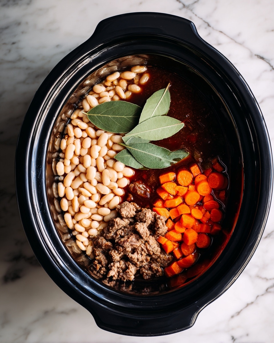 This image shows a black slow cooker filled with four main parts. On the left side, there is a large section of white beans with a rough texture. To the right of the beans, there are small pieces of brown meat scattered among small orange carrot slices. Next to the meat and carrots, there is a dark brown thick sauce pooled in the center. On top of the meat and sauce, there are two light green bay leaves angled slightly. The slow cooker sits on a white marble surface. photo taken with an iphone --ar 4:5 --v 7