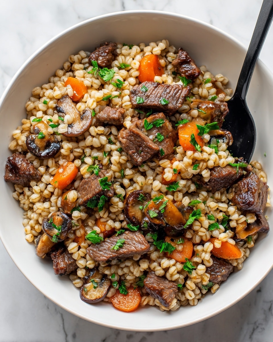 A close-up view of a black bowl filled with a hearty dish made of pearl barley, small chunks of cooked meat, sliced mushrooms, and small pieces of carrots, all mixed together and garnished with fresh green parsley leaves scattered on top. The grains have a light brown color, the meat is dark brown and tender-looking, the mushrooms are dark with a moist texture, and the carrots add tiny orange spots throughout. A black spoon is partially visible on the right side inside the bowl. The bowl sits on a white marbled surface. photo taken with an iphone --ar 4:5 --v 7