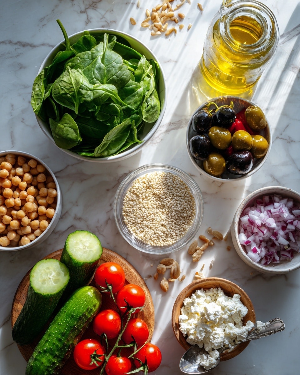 The image shows a variety of fresh ingredients placed on a white marbled surface. In the center, there is a round white bowl filled with green leafy spinach. To the right of the spinach, there is a smaller clear glass bowl filled with white crumbled cheese, and next to it another small clear glass bowl filled with chickpeas. Below the chickpeas is a white bowl with small white quinoa grains. To the right of that, there is a white bowl filled with chopped red onions. Below the onions, there is a small wooden bowl filled with pine nuts. In the center of the image, there is a wooden plate holding sliced cucumbers. To the left of the cucumber, there is a small white bowl with black olives. Below the olives, a bunch of bright red cherry tomatoes is still attached to the vine. Finally, a glass jar with yellow olive oil and a spoon inside is visible on the left side. The background is softly lit and the photo has a clean, fresh look photo taken with an iphone --ar 4:5 --v 7