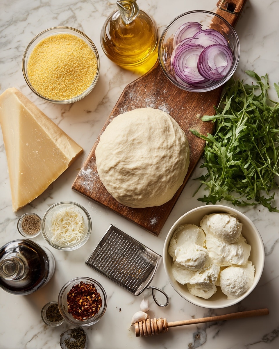 The image shows a white marbled surface with a round ball of dough in the center. To the right of the dough is a white bowl filled with several scoops of soft white cheese. Below the dough is a small glass container of yellow cornmeal. Above the dough is a large wooden cutting board, resting on the marble surface, holding several items: a wedge of yellow cheese with a textured rind on the left, a small clear bowl filled with thin sliced purple onions near the center, fresh green arugula leaves on the right side, and a glass bottle of light golden olive oil near the middle. To the right of the cutting board is a glass jar of amber honey with a honey dipper resting inside, and next to it a dark glass bottle with a wooden stirrer. There are also two garlic cloves near the center below the olive oil bottle, two small jars filled with dried chili flakes and dried herbs near the bottom left, and a set of metal measuring spoons on the left edge. Photo taken with an iphone --ar 4:5 --v 7