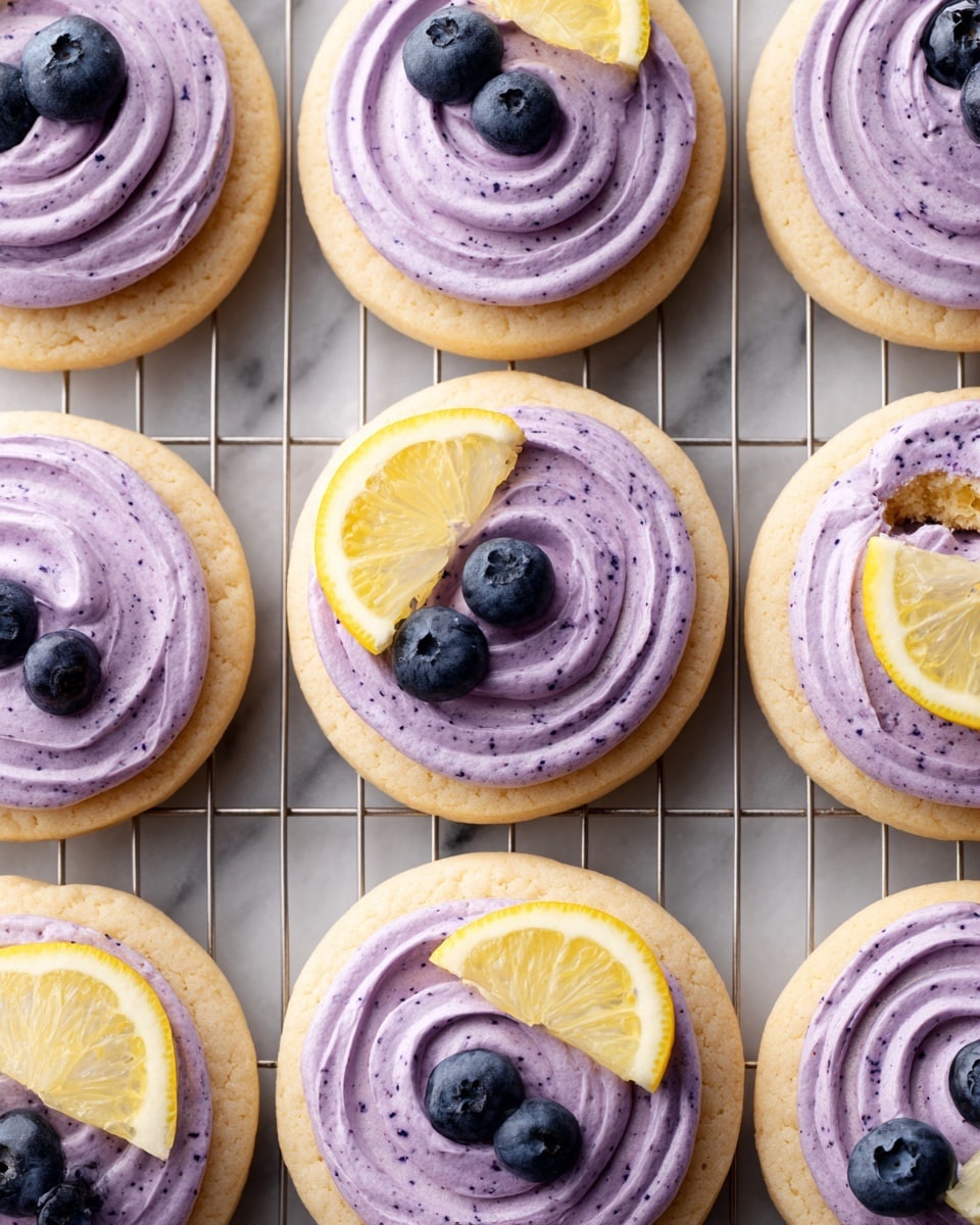 There are many round cookies arranged in rows on a metal cooling rack over a white marbled surface. Each cookie has three layers: the bottom layer is a light golden yellow cookie, the middle layer is a thick swirled pale pink frosting with tiny dark specks, and the top layer is a small fruit decoration made of a bright yellow lemon wedge and a single dark blue blueberry placed close together near the edge. One cookie has a bite taken out of it, showing the soft cookie and frosting inside. The photo is taken with an iphone --ar 4:5 --v 7