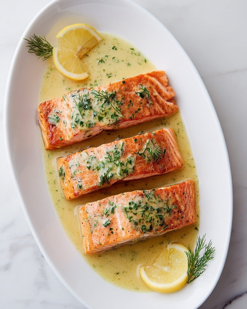 The image shows two pieces of cooked salmon on a white plate with a slice of lemon and some green dill on the side. Each salmon piece has one visible layer of light pink-orange fish topped with a creamy yellow sauce dotted with small green herb specks, likely dill. The sauce evenly covers each salmon piece, giving a glossy texture. The plate rests on a white marbled surface. Photo taken with an iphone --ar 4:5 --v 7