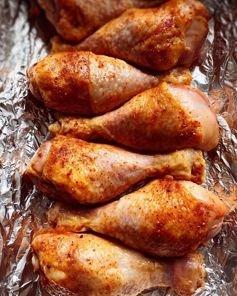The image shows a single layer of raw chicken drumsticks arranged closely together on a tray lined with shiny aluminum foil. Each drumstick has a reddish-brown color from seasoning, with smooth skin texture visible. The drumsticks are placed side by side, covering almost the entire foil surface. The background is a white marbled texture. photo taken with an iphone --ar 4:5 --v 7