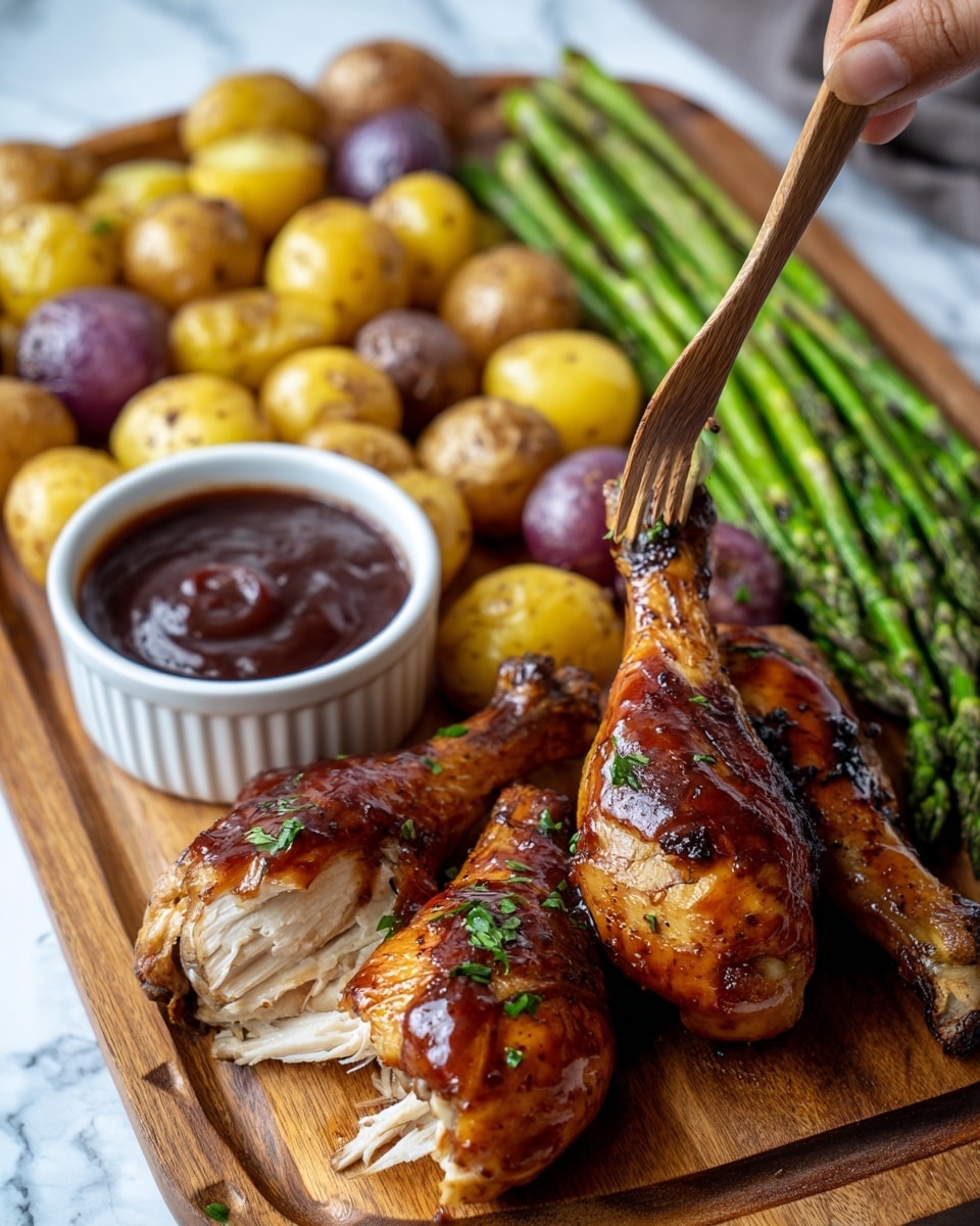 The image shows two roasted chicken drumsticks with a shiny, golden-brown crispy skin on top of a wooden board. One drumstick is whole, while the other is torn apart, revealing white, juicy chicken meat inside. Around the drumsticks are small roasted potatoes of different colors like yellow, purple, and brown with a slightly rough texture. On the right side, there are bright green roasted asparagus spears placed neatly in a row. On the left side, a small white bowl with red sauce is visible. The background and surface are white marble, and a woman's hand is holding a fork near the asparagus. Photo taken with an iphone --ar 4:5 --v 7