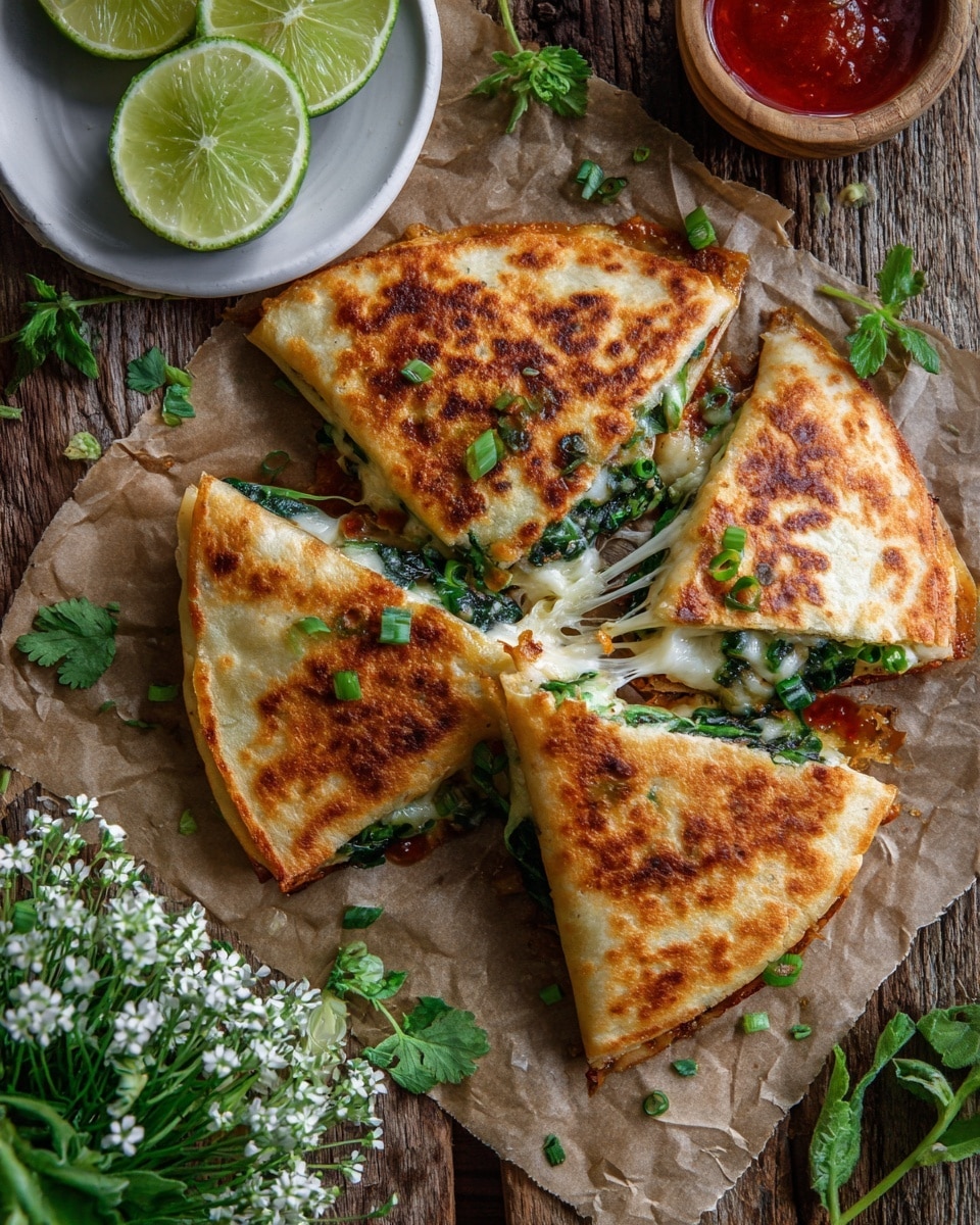 The image shows two folded quesadillas placed on brown parchment paper over a white marbled surface, with a golden-brown toasted outer layer that has patches of darker charred spots and melted cheese oozing slightly from the edges. Each quesadilla is topped with fresh green shredded lettuce and small drops of bright orange hot sauce. Surrounding the quesadillas are lime wedges in light green shades, a sprig of fresh cilantro, and bowls containing chopped lettuce and guacamole. The textures range from crispy and slightly bubbly tortillas to smooth and creamy guacamole in the background. photo taken with an iphone --ar 4:5 --v 7