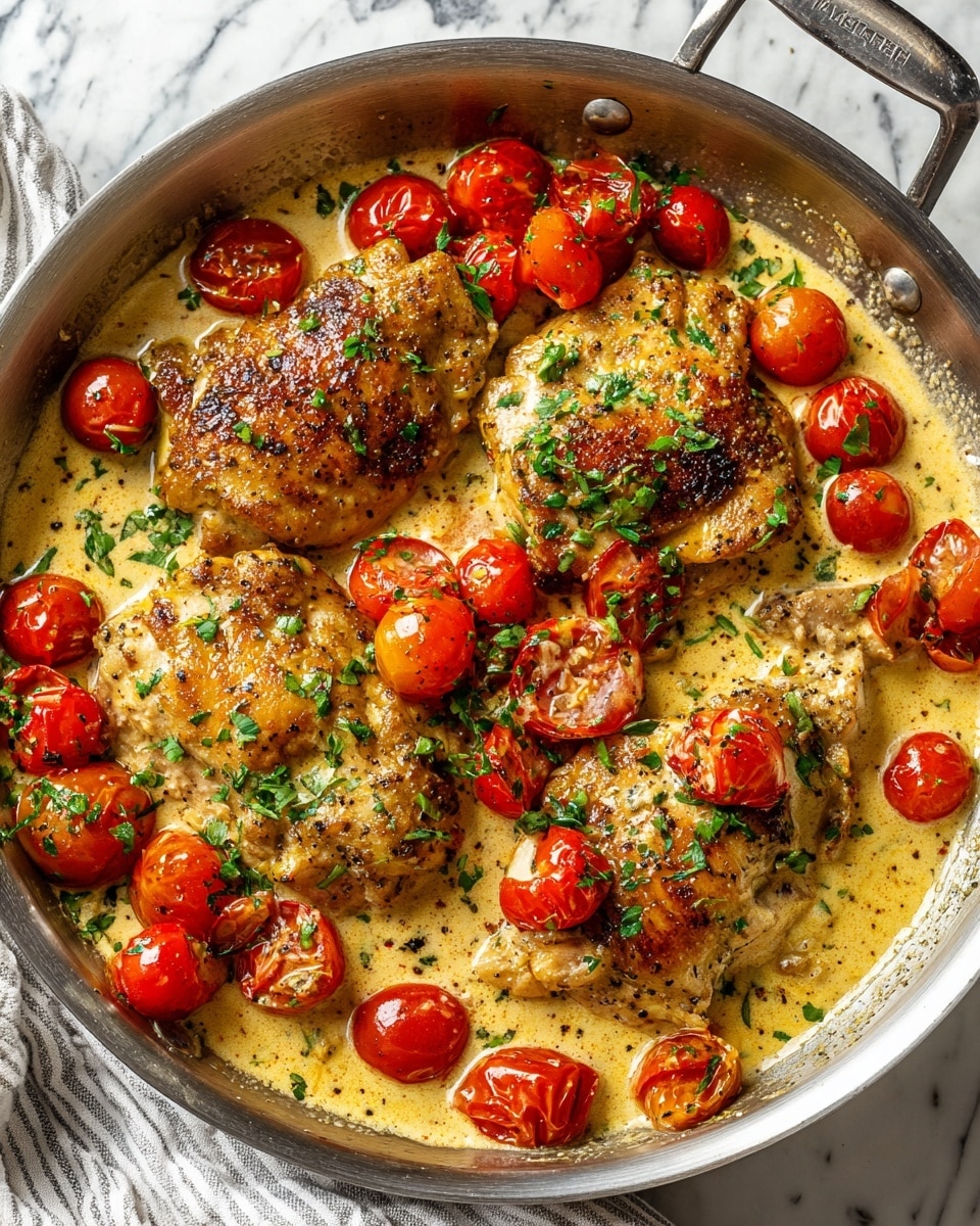 A metal pan filled with four cooked chicken pieces in creamy yellow sauce that has specks of herbs and black pepper. The sauce also has many small and halved bright red cherry tomatoes scattered evenly all over. The chicken shows a light brown grilled texture on top with some sauce coating, and small green herb leaves are sprinkled across the dish. The pan is placed on a white marbled surface with a striped cloth visible under the pan's handle. photo taken with an iphone --ar 4:5 --v 7