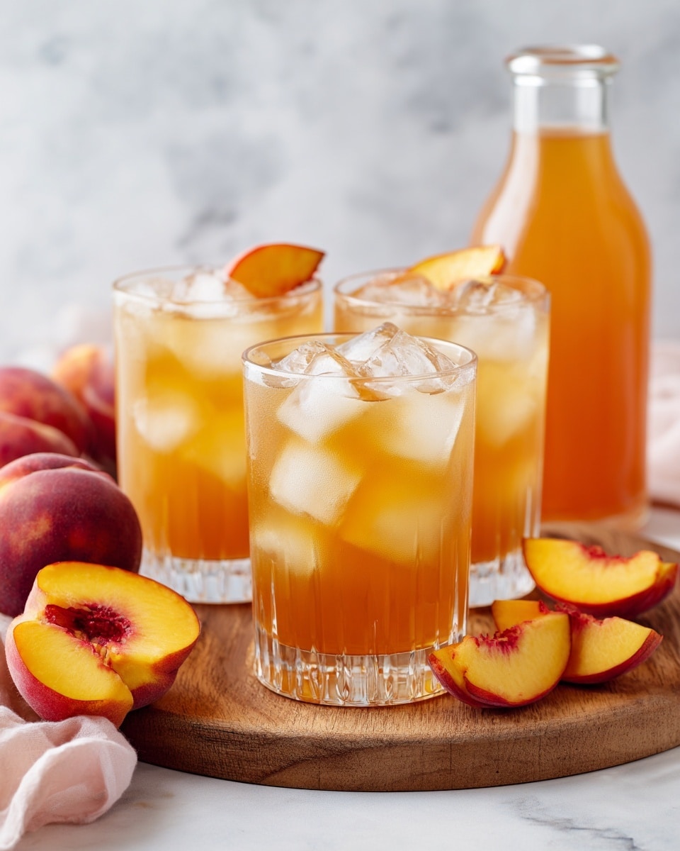 This image shows three clear glasses filled with a light brown iced drink, each glass containing several round ice cubes and peach slices inside the liquid. The glasses are sitting on a round wooden serving board, which also has some extra peach slices placed around it. In the background, there is a blurred glass bottle with a pinkish liquid. The scene is set against a white marbled surface with soft natural lighting. photo taken with an iphone --ar 4:5 --v 7