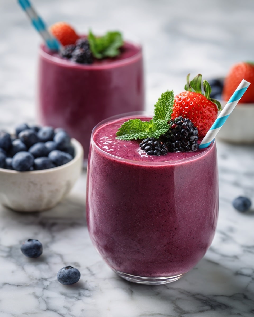 The image shows a clear glass filled with a thick purple smoothie. On top, there are fresh blackberries, a halved strawberry, and a small green mint leaf. A blue and white striped straw is placed inside the glass. Around the glass, some blueberries are scattered on a white marbled surface with a small white bowl holding more smoothie and berries in the background. The colors are fresh and vibrant with mostly purple, red, green, and blue tones. Photo taken with an iphone --ar 4:5 --v 7