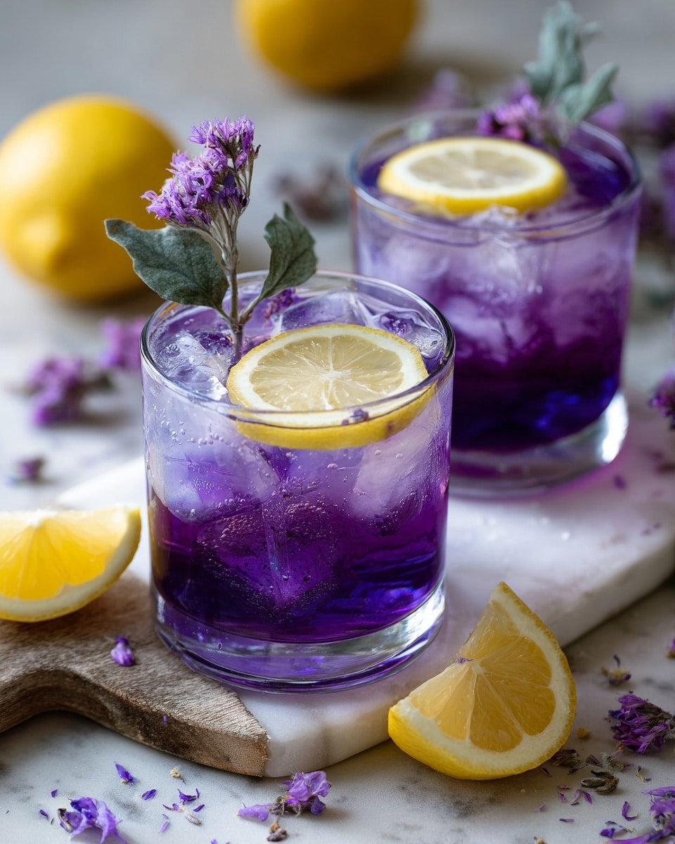 Two tall clear glasses filled with a deep purple drink, each topped with a round lemon slice floating on the surface. Each glass is also garnished with a small sprig of green leaves and tiny purple flowers placed on the rim. The drinks have visible condensation, indicating they are cold. The glasses are placed on a white marbled surface with a wooden board beside them. There are scattered lemon wedges and green leaves in the background. Photo taken with an iphone --ar 4:5 --v 7