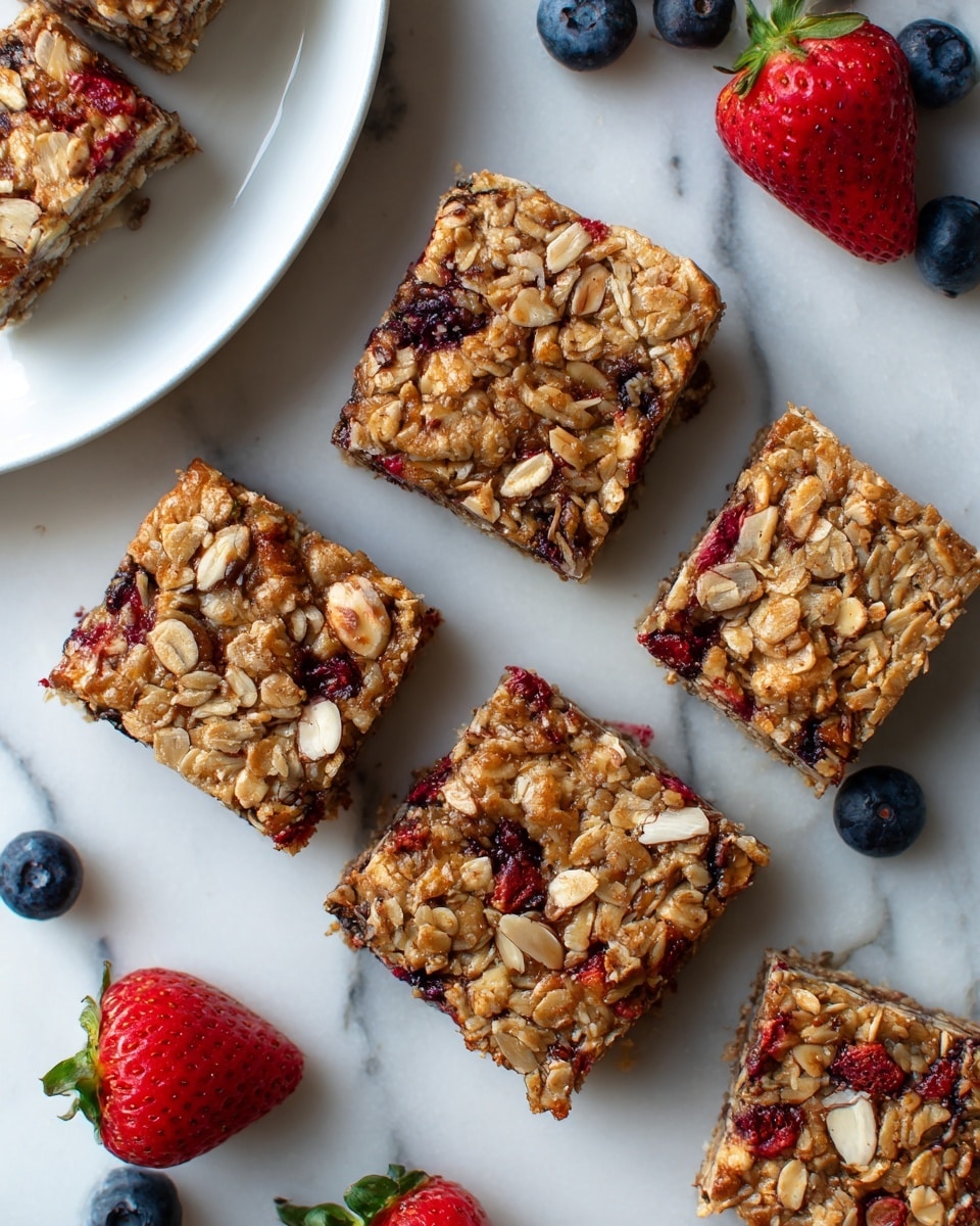 The image shows several square dessert bars with a rough, crumbly texture on a white marbled surface. Each bar has visible layers: the base looks dense and golden brown, topped with a thick layer of mixed berries including blueberries and strawberries, covered with a scattered mix of oats and almond slices that add texture. Fresh whole strawberries and blueberries are placed around the bars for decoration. Part of a white plate with more bars is visible on the left side. The scene is bright and clear, highlighting the natural colors of the red berries, blue blueberries, golden oat topping, and light brown crust. photo taken with an iphone --ar 4:5 --v 7