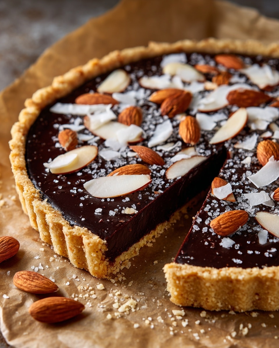 A round tart with three visible layers: a thick crumbly light brown crust on the bottom edge, a smooth dark chocolate layer in the middle, and a topping of large white coconut flakes and light beige almond slices spread evenly over the chocolate. The tart is set on crumpled brown paper with some coconut flakes and almond slices scattered around. One slice is slightly separated showing the layered crust and chocolate filling. The background is a white marbled texture. photo taken with an iphone --ar 4:5 --v 7