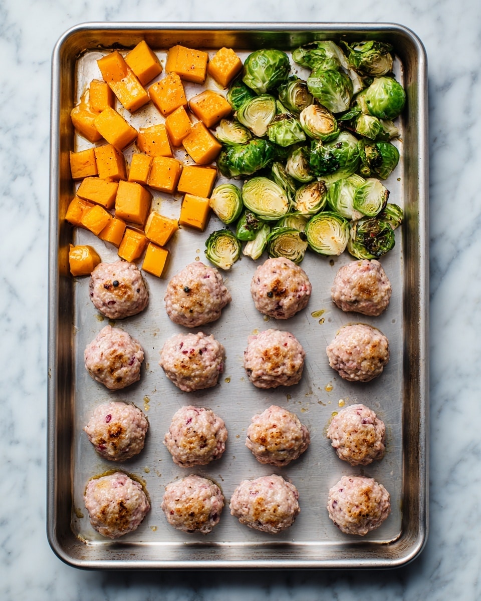 A metal baking tray is placed on a white marbled surface with two main sections of food: at the top, there are small, bright orange cubes of sweet potato mixed with green Brussels sprouts, some halved to show their light inner leaves and slight charring on the outer. Below these vegetables, there are fifteen raw meatballs arranged in three rows of five; they are light red with specks of white fat and small bits of seasoning, each ball smooth and round. The tray shows little shine from oil or moisture reflecting light. Photo taken with an iphone --ar 4:5 --v 7