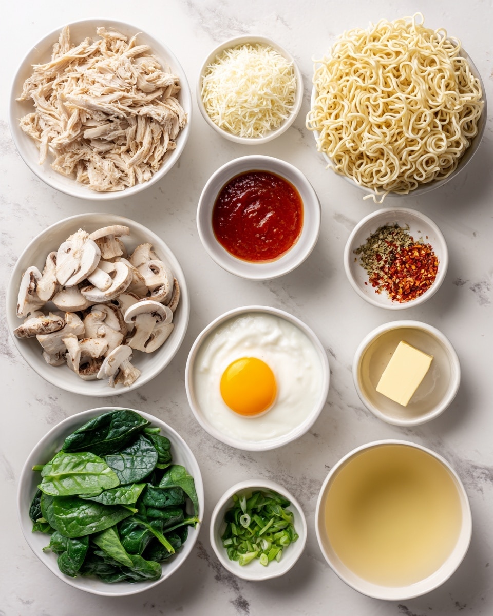 The image shows several white bowls with different ingredients placed neatly on a white marbled surface. Starting from the top left, a bowl with shredded light brown chicken, next to it a small bowl of grated white cheese, and a mound of curly, beige dry ramen noodles. Below, a bowl of thick white sour cream, a small bowl of bright red sauce, and a bowl with a raw yellow egg yolk on white egg white. Surrounding these, there are small bowls with light green chopped scallions, a pale yellow square of butter, reddish chili flakes, and finely minced white garlic. On the lower left side, fresh green spinach leaves overlap with sliced light brown mushrooms. Finally, a clear bowl of light yellow broth sits at the lower right corner. The arrangement is clean and organized, focusing on the variety of textures and colors in each ingredient. photo taken with an iphone --ar 4:5 --v 7