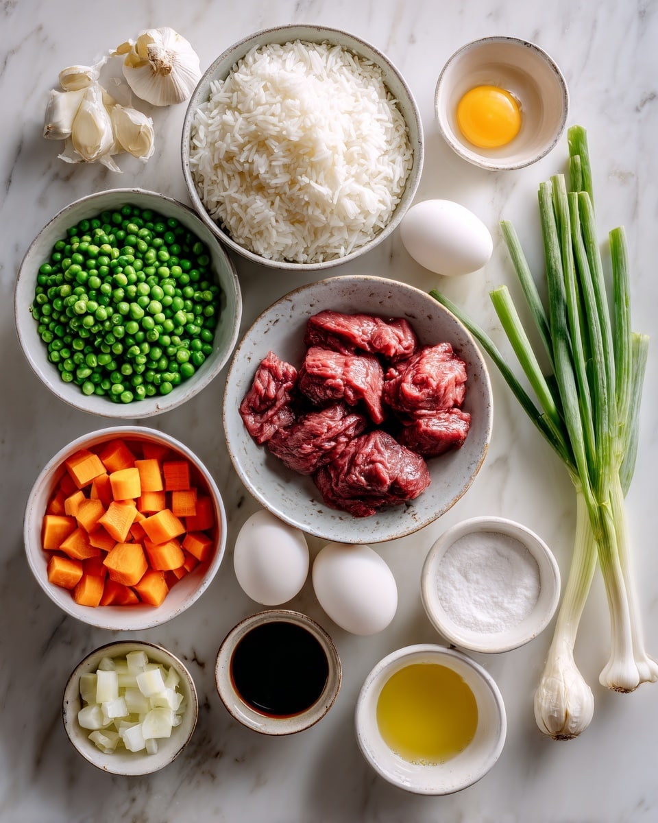 The image shows an organized arrangement of cooking ingredients on a white marbled surface. There is a large bowl filled with white rice at the top center, with a smaller bowl of bright green peas to its left. Below the rice bowl, a bowl holds raw red meat pieces. Around these main bowls, smaller white bowls hold various ingredients: peeled garlic cloves, cubes of orange carrots, white chopped onions, and two whole eggs. There are three long green onions positioned on the right side, leaning diagonally downward. Other small containers include light yellow liquid, white powder, and a dark soy sauce. The scene is clean and bright with soft natural light. Photo taken with an iphone --ar 4:5 --v 7