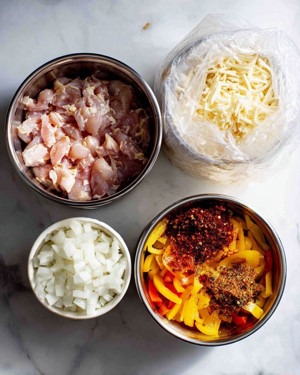 The image shows four containers on a white marbled surface. On the top left, there is a large silver bowl filled with small pieces of raw pink chicken. At the top right, there is a clear plastic bag containing shredded white cheese. Below that, in the bottom right, there is another silver bowl with sliced yellow and orange bell peppers covered with different dark red and brown spices on top. At the bottom left, there is a white cup filled with small white diced onions. The lighting is bright and clear, showing all the ingredients in detail photo taken with an iphone --ar 4:5 --v 7