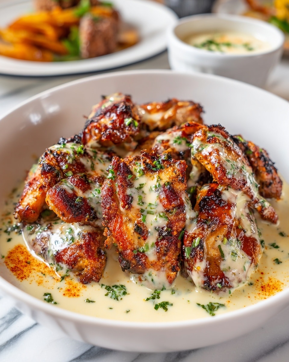 A white bowl is filled with many pieces of golden-brown cooked chicken, each piece showing a crispy, slightly charred texture with green herbs sprinkled all over. The chicken sits in a creamy white sauce that has flecks of green herbs and red spices, creating a rich and colorful contrast. The bowl is placed on a white marbled surface, and the background is softly blurred with hints of brown and green tones. photo taken with an iphone --ar 4:5 --v 7