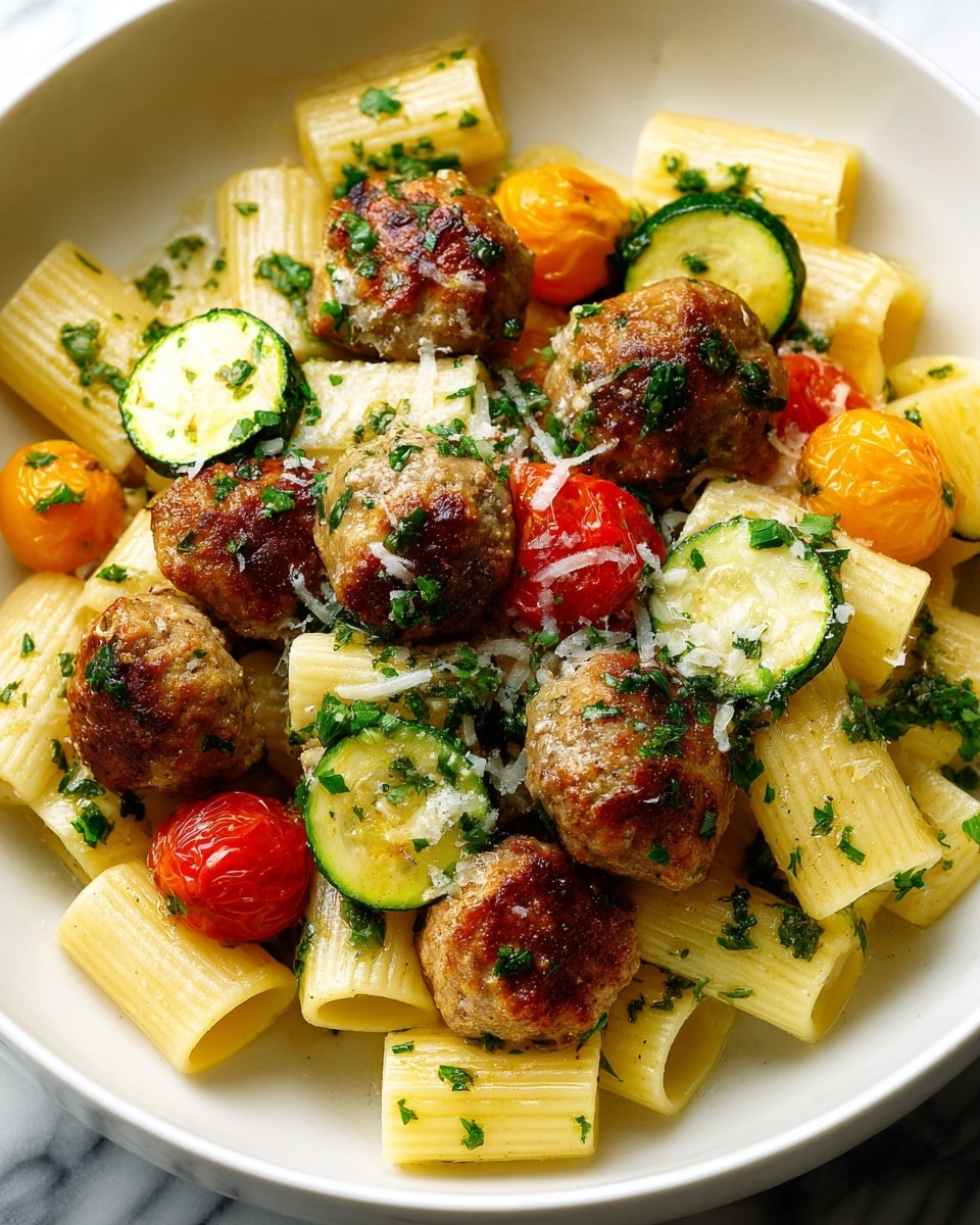 The dish shows rigatoni pasta as the first layer, light yellow with a smooth and slightly shiny texture, mixed with small pieces of white mushrooms. The second layer features round, golden-brown cooked meatballs with a slightly crispy surface, evenly spread. The third layer includes zucchini slices, green outside with a pale green inside, placed among the pasta and meatballs. The fourth layer contains whole roasted cherry tomatoes, bright orange-red with shiny skins, distributed throughout the plate. Fresh green parsley leaves are sprinkled on top for color. Everything is served on a white plate on a white marbled surface. Photo taken with an iphone --ar 4:5 --v 7