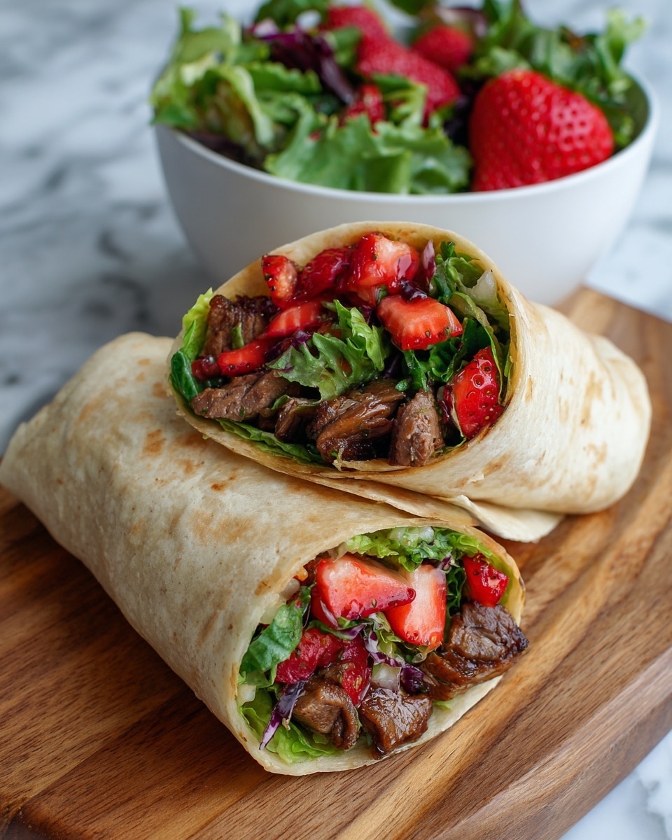 The image shows two wraps on a wooden cutting board with a white marbled surface underneath. Each wrap has a soft, light brown tortilla shell folded around three layers, starting with fresh green lettuce leaves inside, followed by chunks of cooked chicken mixed with dark purple or black beans, and topped with visible slices of red strawberries. In the background, there is a white rectangular bowl containing a leafy green salad and a few whole strawberries placed beside it. The overall colors are natural and fresh, with the vibrant green, red, and dark beans contrasting with the light tortilla and wooden board. Photo taken with an iphone --ar 4:5 --v 7