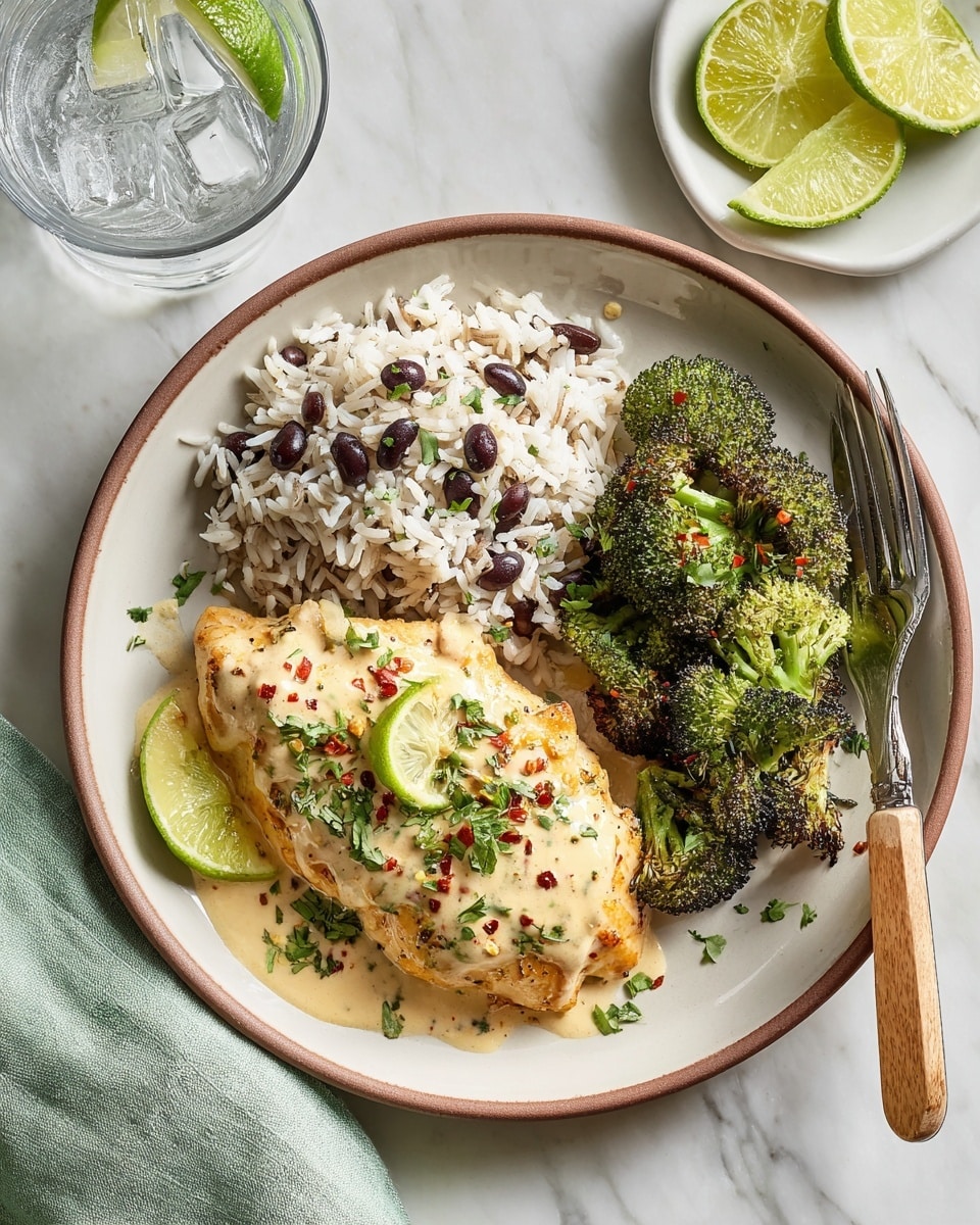 A white plate with a wide beige rim holds a meal arranged in three sections on a white marbled surface. On the left side, two cooked chicken pieces covered in a light creamy sauce with herbs and small red pepper flakes have a bright green lime wedge placed on top. To the top right of the chicken, there is a portion of white rice mixed with black beans and bits of green herbs. On the right side, three small, bright green roasted broccoli florets show browned, crispy edges. A metal fork with a wooden handle rests on a light green cloth napkin in the bottom right corner. Nearby, several lime wedges sit on a white plate, and a clear glass of water with ice is partly visible. Photo taken with an iphone --ar 4:5 --v 7