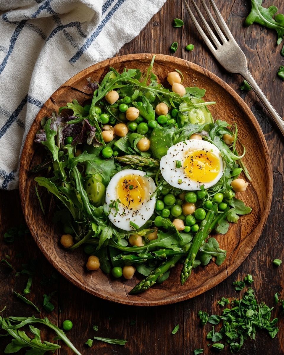 The dish is a fresh salad served on a white plate with mixed green leaves like arugula and spinach as the base layer, giving a leafy and vibrant green color. On top, there are pieces of green asparagus and green peas adding texture with their bright green shades. Scattered chickpeas bring a soft yellow color and round shape across the salad. The next layer features two halves of boiled eggs with firm whites and rich yellow yolks slightly soft in the center, resting on the greens. Thin slices of pale pink radish with white centers are placed throughout, adding contrast. The salad looks lightly seasoned with tiny bits of chopped herbs and black pepper sprinkled over as a fine finish. The plate is set on a white marbled surface with a striped cloth nearby, and silver forks on the side, creating a fresh and natural presentation. photo taken with an iphone --ar 4:5 --v 7