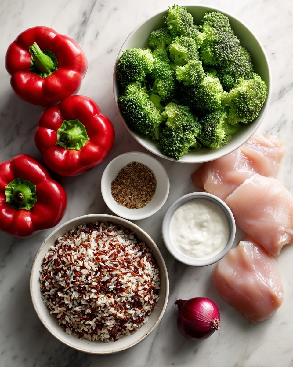 The image shows fresh ingredients arranged neatly on a white marbled surface. At the top center, there is a white bowl filled with bright green broccoli florets. Below it, a round white bowl contains mixed grains with brown, white, and reddish tones. To the left, three shiny red bell peppers sit side by side. Next to them, a small white bowl holds a light brown seasoning or spice mix. To the right of the grains, a small white bowl is filled with white creamy sauce. Below this, two pieces of raw, light pink chicken meat rest directly on the surface beside a small red onion placed on the right. The whole setup has a clean and fresh look, with soft natural light. Photo taken with an iphone --ar 4:5 --v 7