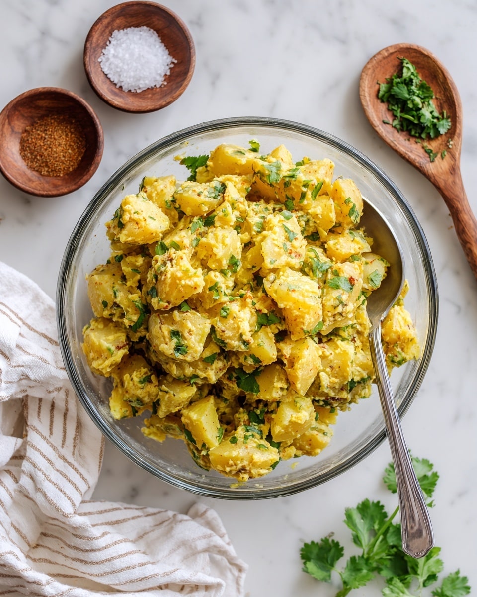 The image shows a clear glass bowl filled with a potato salad. The salad has chunky, yellow potato pieces mixed with green peas and finely chopped green herbs, giving it a fresh look. A silver spoon is placed inside the bowl on the right side. Next to the bowl, there are two small bowls, both white, one with coarse salt and the other with pepper. The bowl is set on a white marbled surface with a white and light gray striped cloth underneath. Some green herbs are placed in front of the bowl, slightly blurred. Photo taken with an iphone --ar 4:5 --v 7