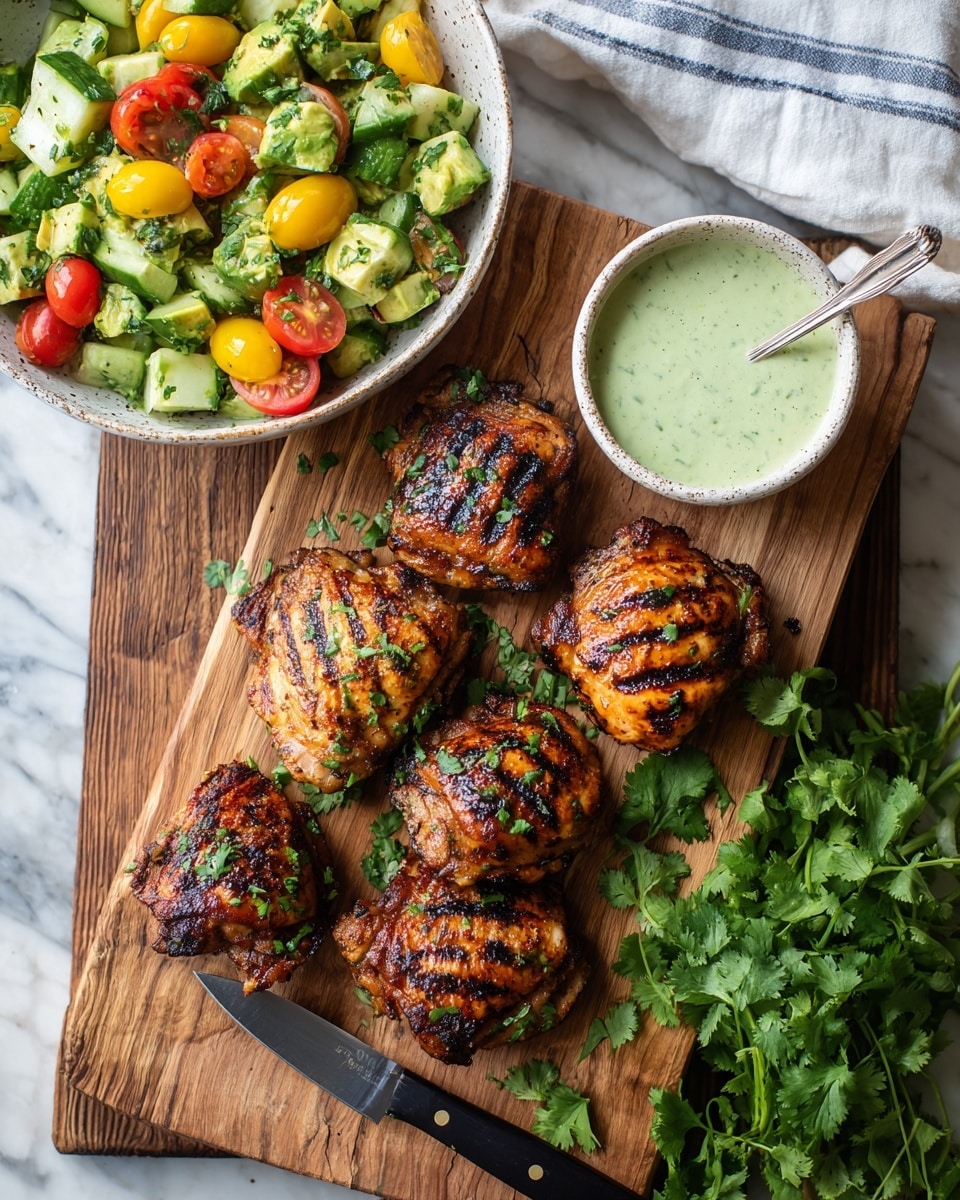 The image shows a wooden board with six grilled chicken thighs with dark grill marks on their golden brown skin, arranged mostly in the center and right side of the board. Above and slightly to the right of the chicken thighs is a white bowl filled with a creamy green sauce with a smooth texture and a spoon inside. On the left side, there is a white bowl containing a salad made of green avocado chunks, red and yellow cherry tomatoes, and fresh cilantro leaves scattered on top. Below the wooden board lies a black-handled knife with a silver blade, and at the bottom right corner, part of a white cloth with blue stripes is visible. The background surface has a white marbled texture. photo taken with an iphone --ar 4:5 --v 7