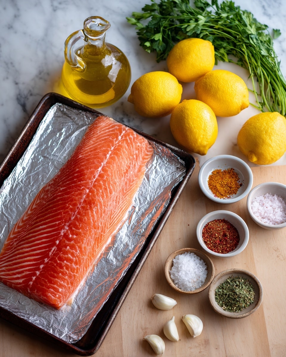 A large piece of fresh orange salmon fillet with white lines is placed on a sheet of silver foil over a dark tray on the left side. On the right side, there are three bright yellow lemons arranged in a triangle shape on a light wooden surface. Above the lemons, there is a clear glass bottle of olive oil with a handle. Below the lemons, five whole white garlic cloves are scattered. To the right of the garlic and lemons, there are five small bowls, one with white salt, one with black pepper, one with reddish paprika, and one with green herbs. Fresh green parsley leaves are visible at the top right corner. The background shows a white marbled texture. photo taken with an iphone --ar 4:5 --v 7