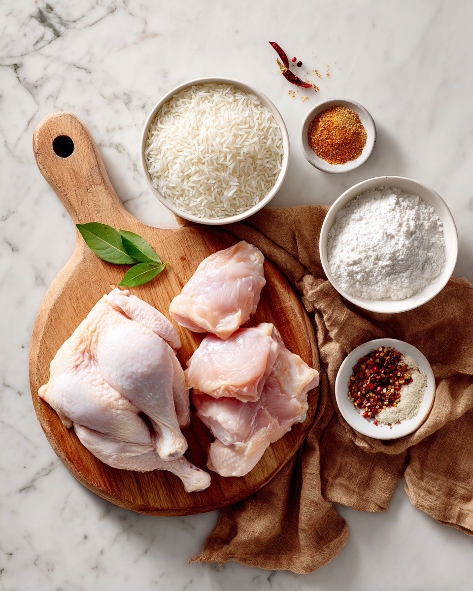 A wooden cutting board is placed on a white marbled surface with a brown cloth underneath it, holding a whole light pink chicken piece and several cut smaller chicken pieces arranged neatly. Nearby, there are three white bowls: one filled with uncooked white rice grains, one with white flour, and one with different spices including green leaves, red chili flakes, and brown powder. The scene is bright and clean with all elements carefully placed in a balanced way. Photo taken with an iphone --ar 4:5 --v 7