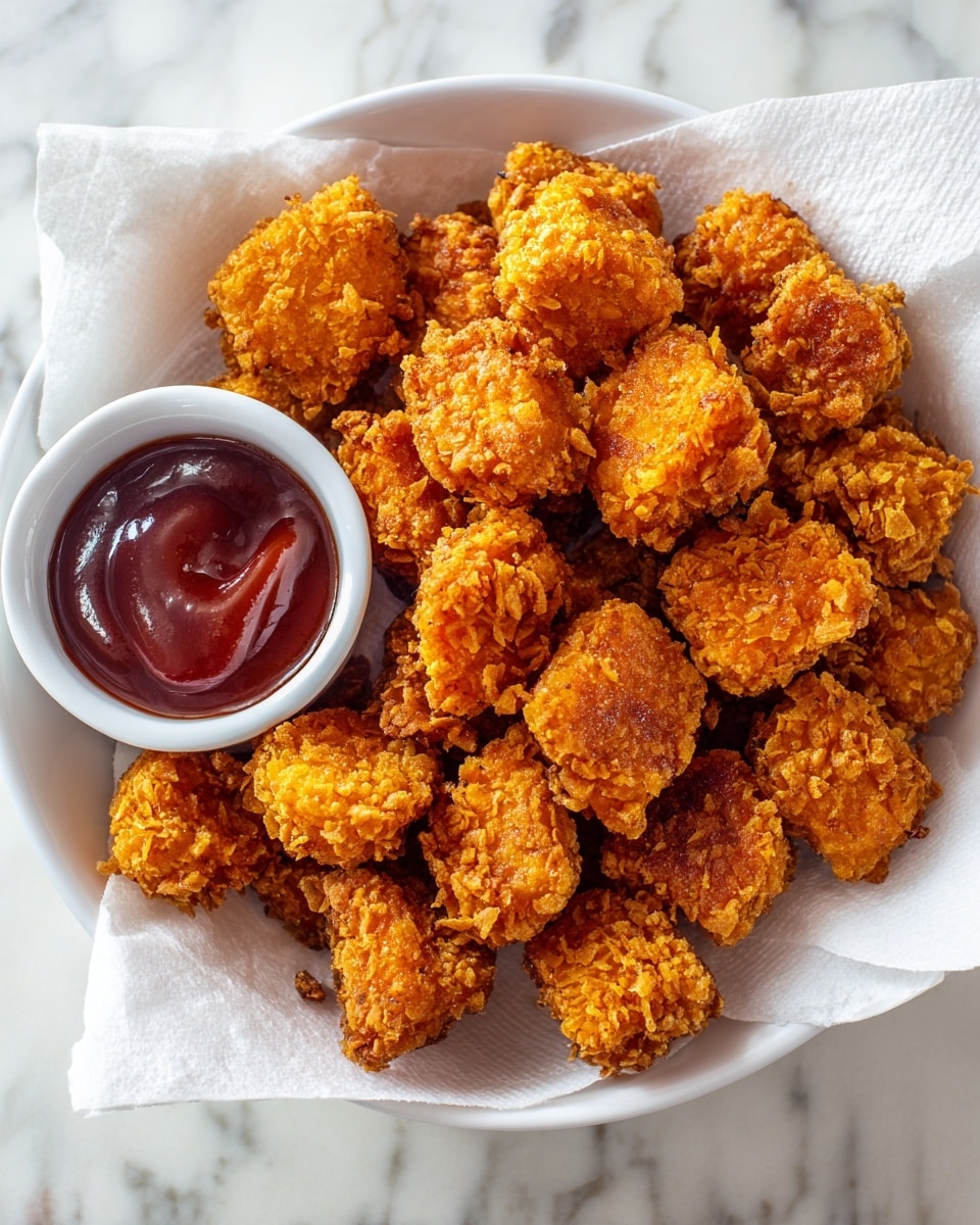 A white bowl filled with small, golden brown crispy nuggets, each piece showing a textured, crunchy coating with some darker spots of browning. The nuggets are piled over a white paper napkin inside the bowl. At the center back of the bowl is a smaller white round container filled with thick, smooth deep red ketchup. The bowl sits on a white marbled surface. photo taken with an iphone --ar 4:5 --v 7