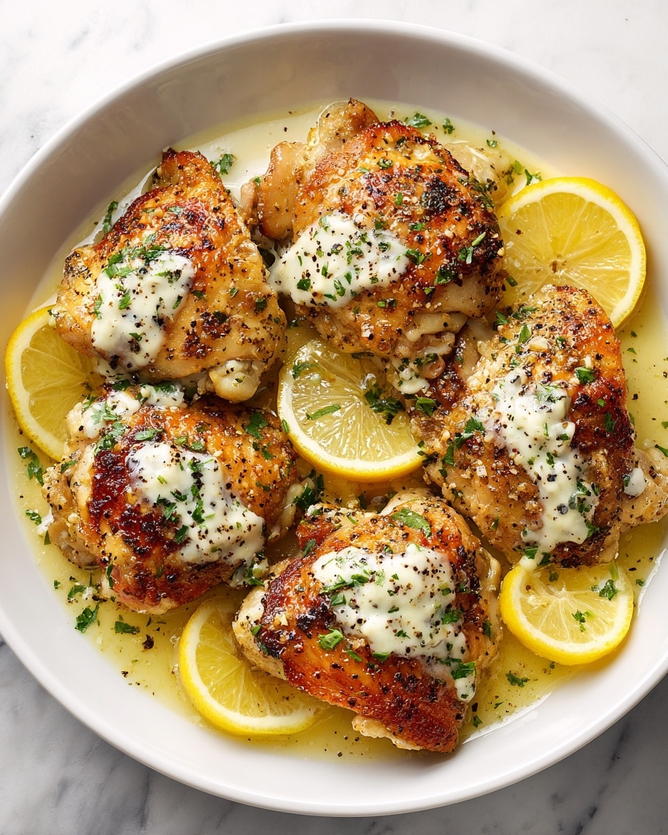 In a white bowl on a white marbled surface, there are golden-brown cooked chicken pieces arranged in a roughly circular layer, glistening with a light sauce pooling at the bottom. The chicken has some white creamy sauce drizzled on top in irregular patches. Bright yellow lemon wedges are scattered around the chicken, adding a pop of color. The dish is garnished with small green parsley leaves sprinkled over the top, creating contrast with the rich browns and yellows. photo taken with an iphone --ar 4:5 --v 7