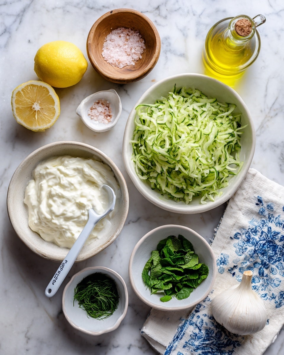 The image shows several small white bowls arranged on a white marbled surface, each filled with different ingredients. In one bowl, there is a creamy white yogurt with a white and blue measuring spoon inside. Another bowl contains finely shredded green cucumber. A small white dish holds fresh green mint leaves, while another small white bowl has finely chopped green dill. A wooden bowl with a light pink salt is also visible. Nearby, there is a half lemon, a small clear bottle of golden olive oil, and a clove of garlic. A white cloth with blue patterns is placed on the right side. Photo taken with an iphone --ar 4:5 --v 7