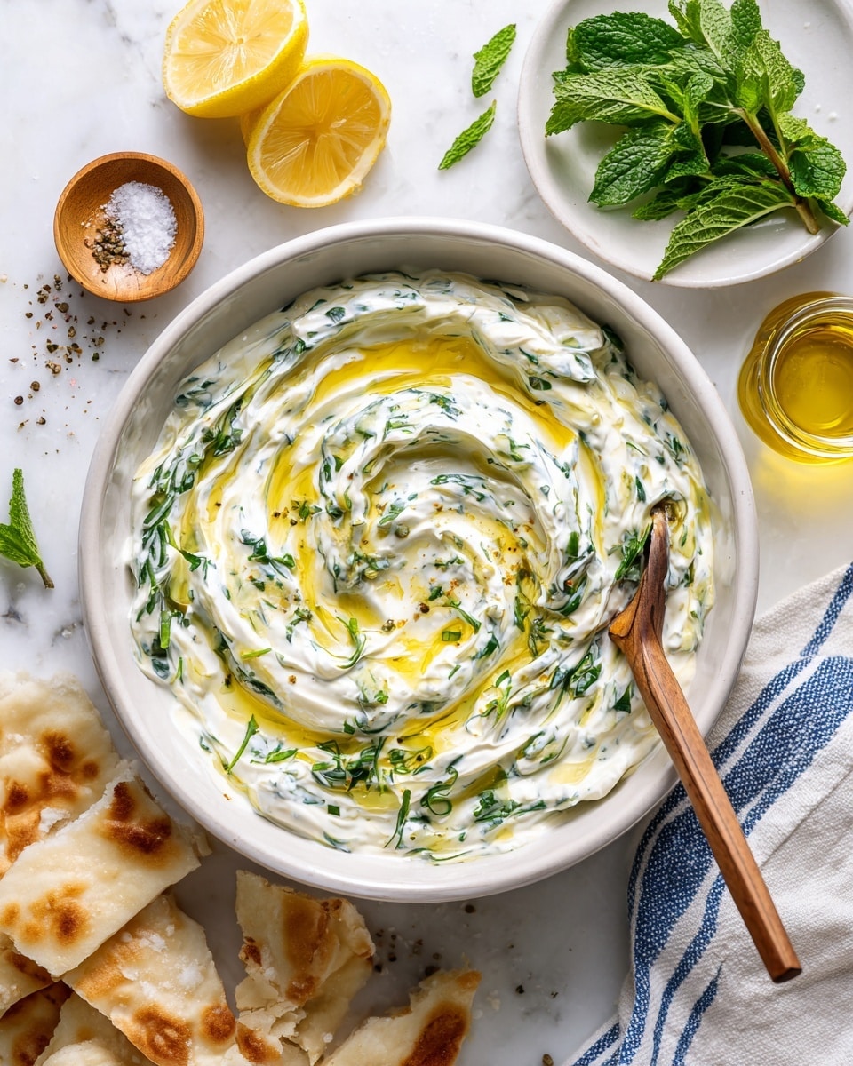 A white bowl filled with creamy white yogurt sauce mixed with small green herb pieces and drizzled with golden olive oil, with a wooden spoon inside. Around the bowl, there are tan pita bread wedges arranged in a fan shape on a white marbled surface below. Near the bowl, there are several lemon wedges showing bright yellow inside, a small glass jar of olive oil, and a small white plate with fresh green mint leaves. A white cloth with blue stripes rests to the right side of the scene. The photo taken with an iphone --ar 4:5 --v 7