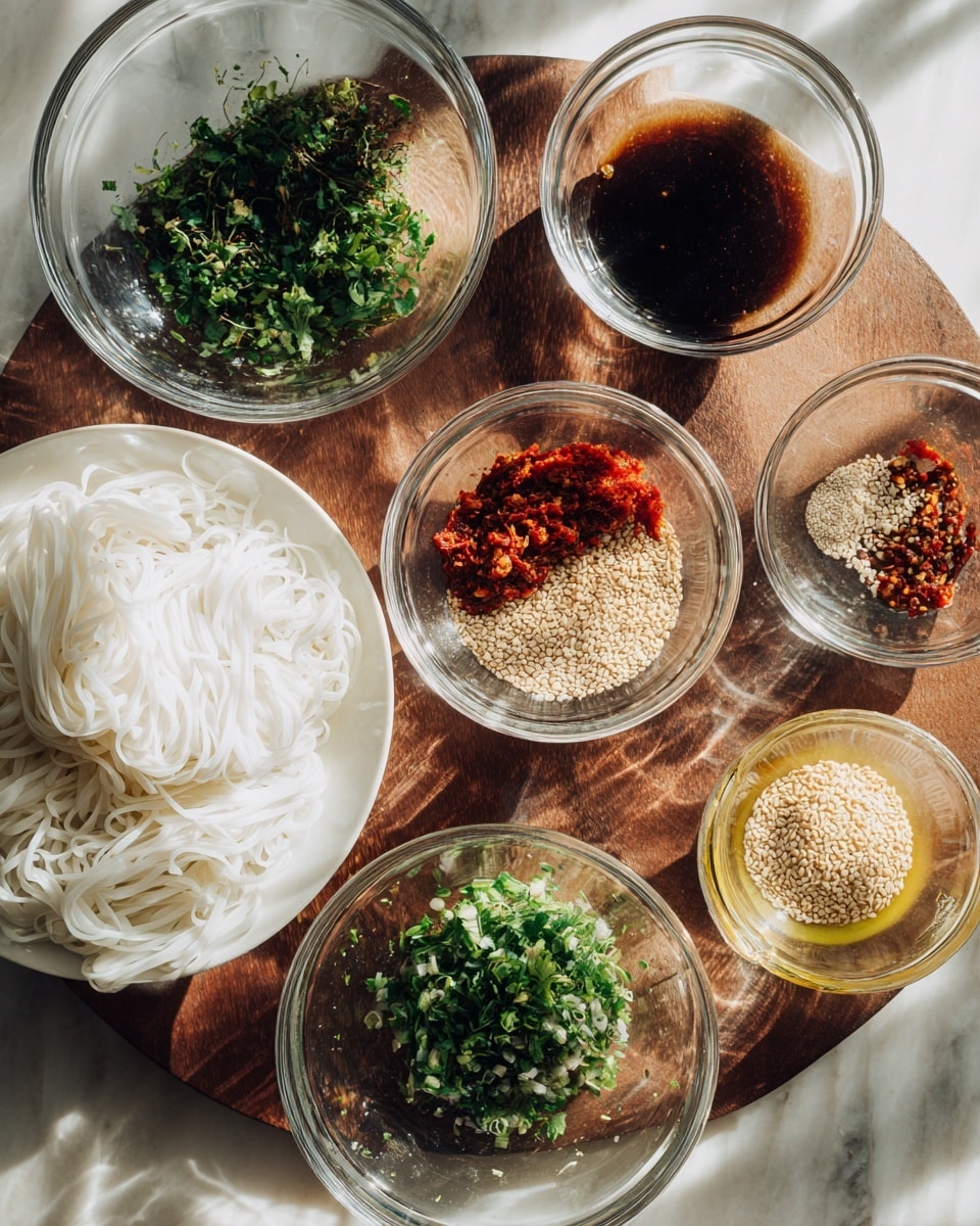 The image shows six clear glass bowls arranged on a wooden surface, each holding different ingredients. One bowl contains white folded noodles placed on a white plate near the bottom left. Moving clockwise, the bowls have finely chopped green herbs, a dark brown liquid, a light yellow liquid, a small amount of red chili paste, and beige sesame seeds. The setting is bright with natural light casting soft shadows, all items are laid out on a white marbled textured background. photo taken with an iphone --ar 4:5 --v 7